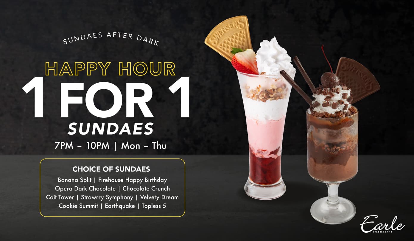 Recovered Earle Swensen’s Happy Hour 1-for-1 Sundaes artwork showing ten selected sundaes